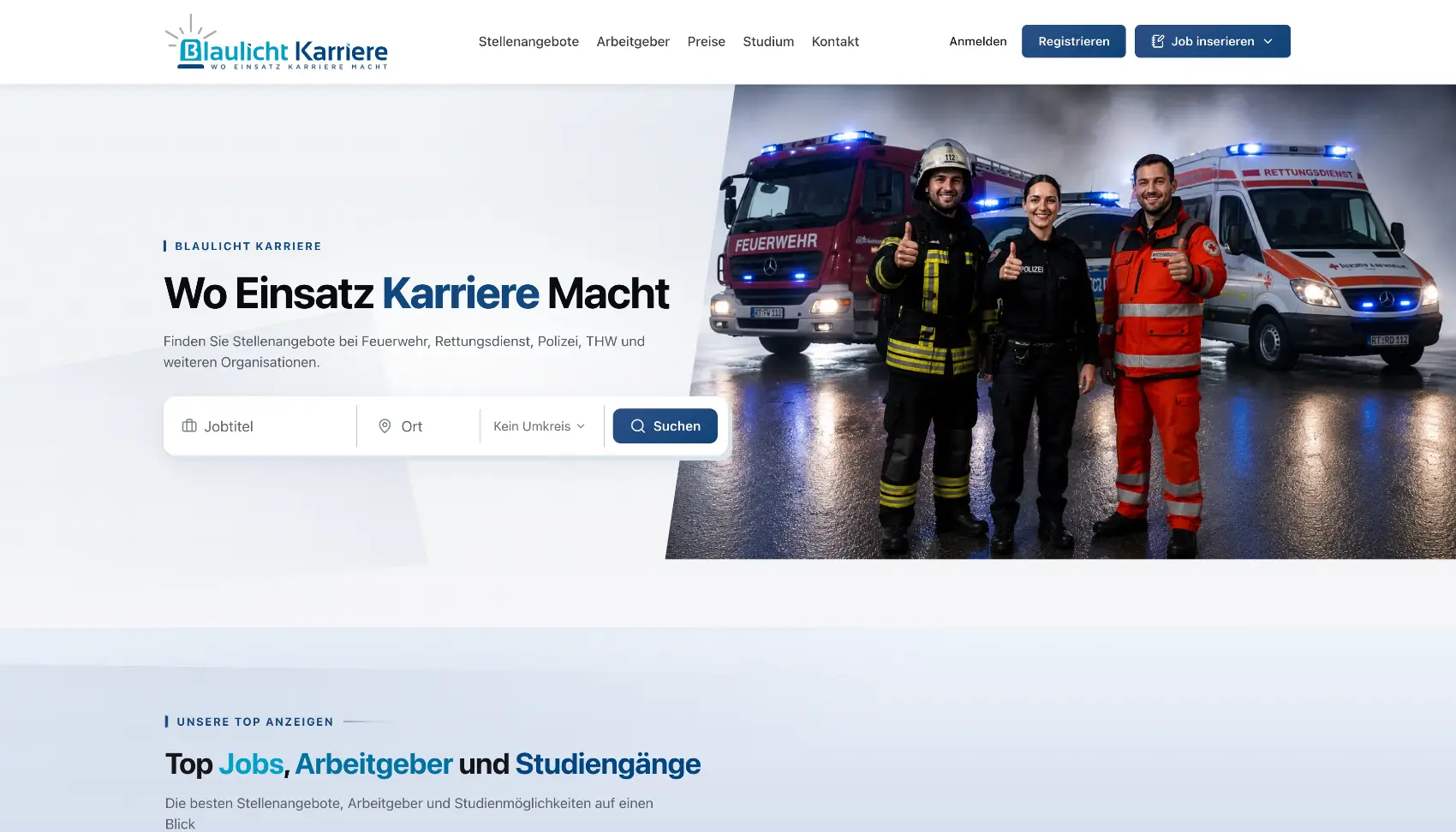 Screenshot der Web App Blaulicht Karriere, Stellenportal für Feuerwehr, Rettungsdienst und Polizei