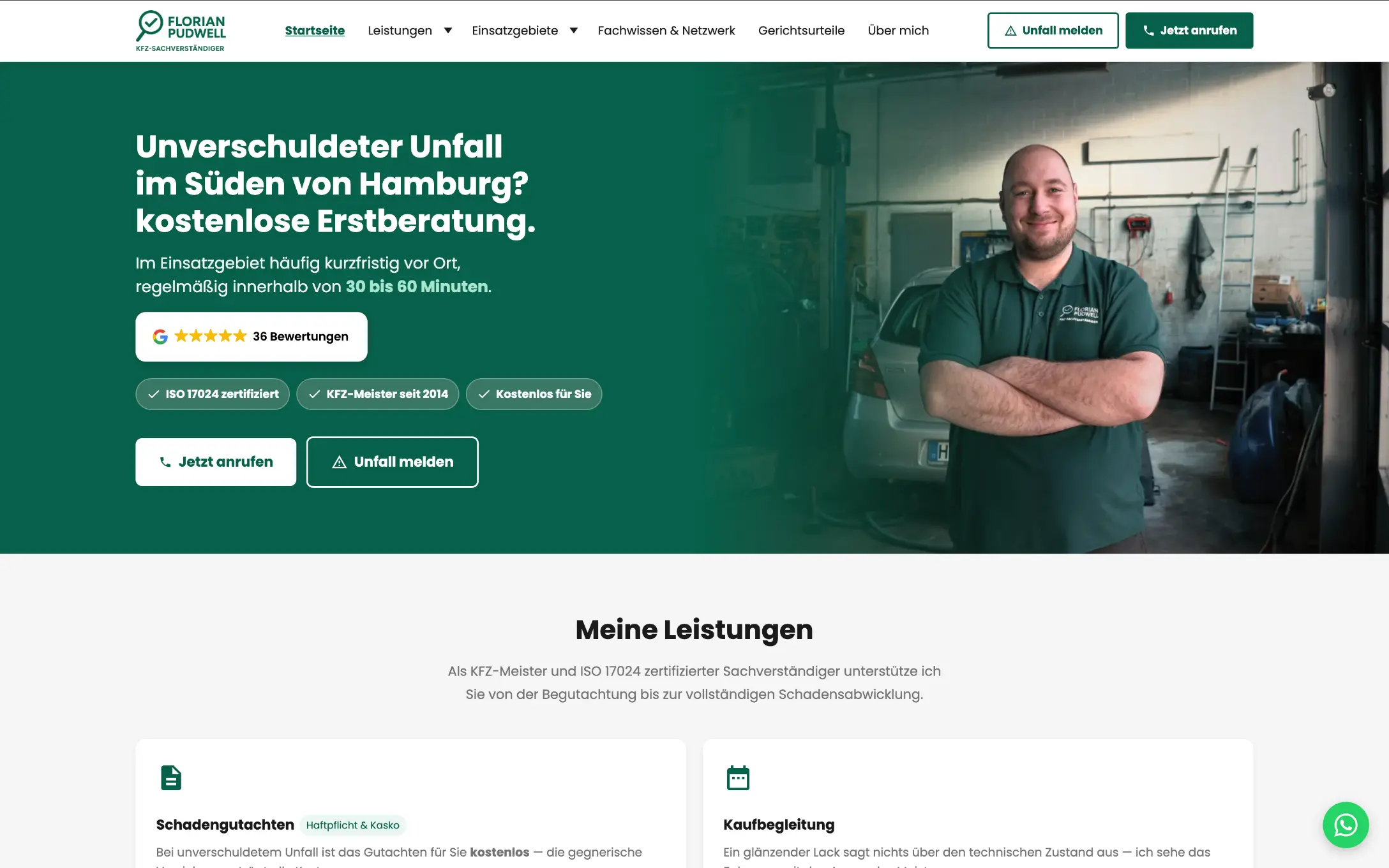 Screenshot der Website eines KFZ Sachverständigers mit Leistungsübersicht und Unfallformular