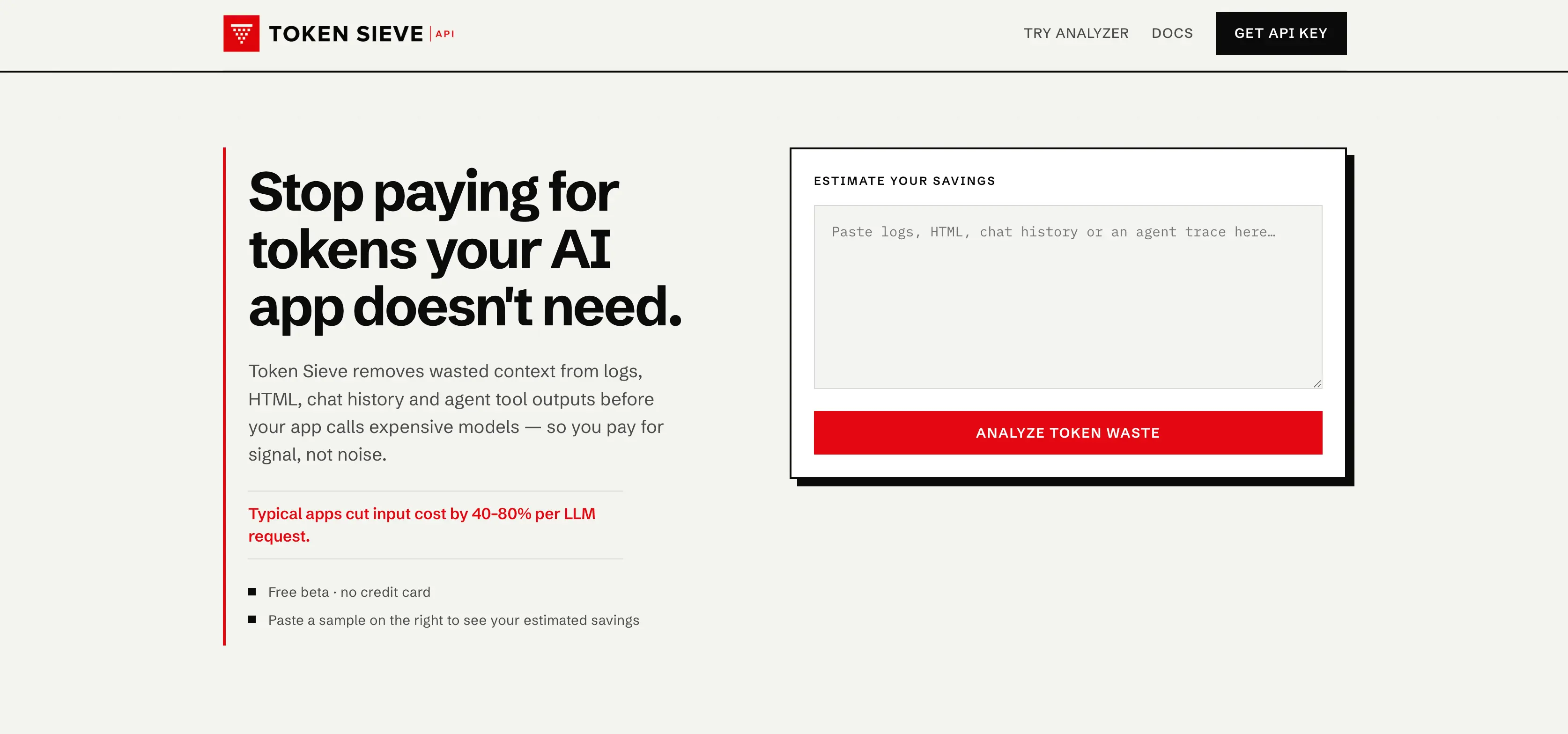 Screenshot von Token Sieve, API Tool zur Bereinigung von LLM Kontext und Kostenschätzung